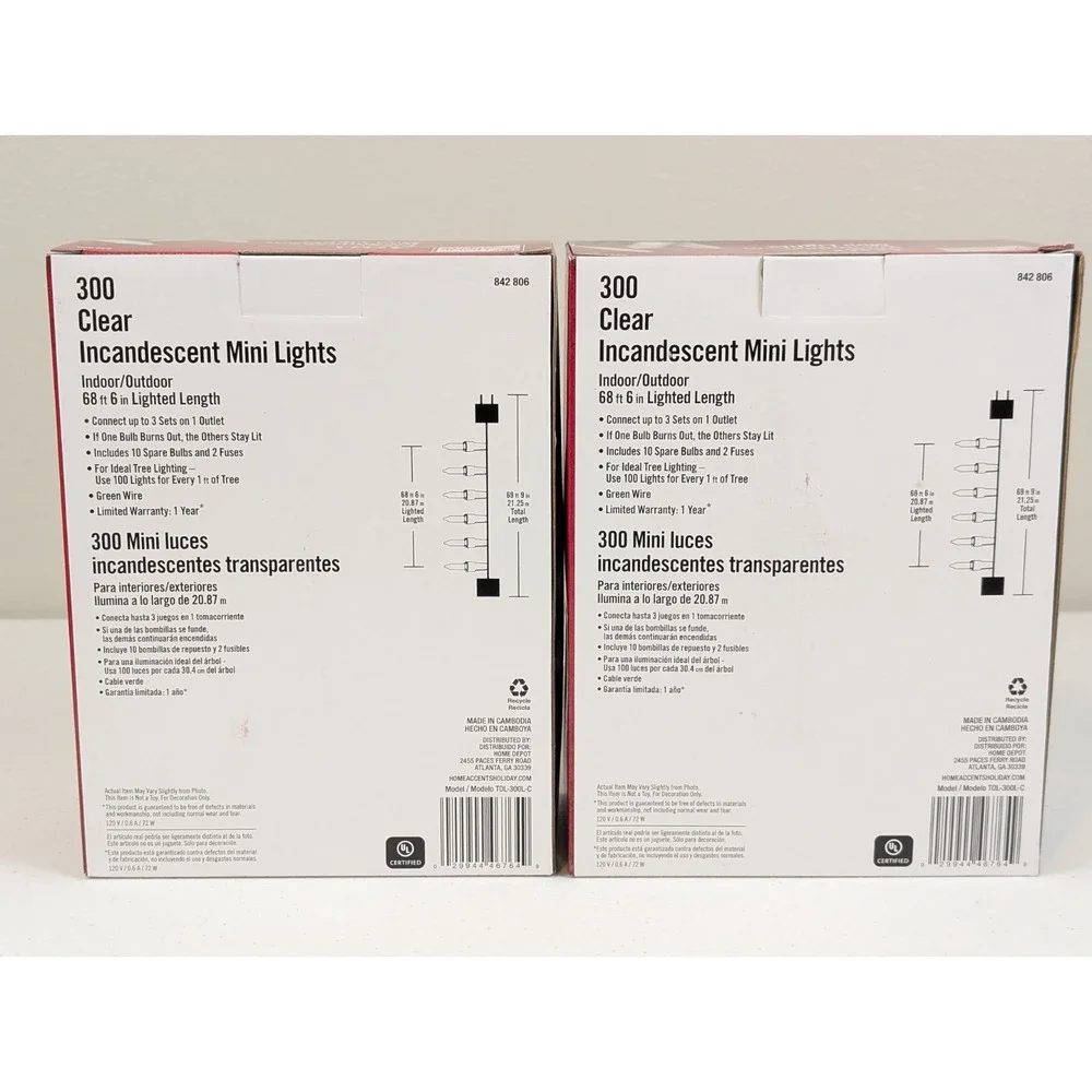 2 Pack Home Accents Holiday 300-Light Clear Incandescent 68ft Christmas Lights